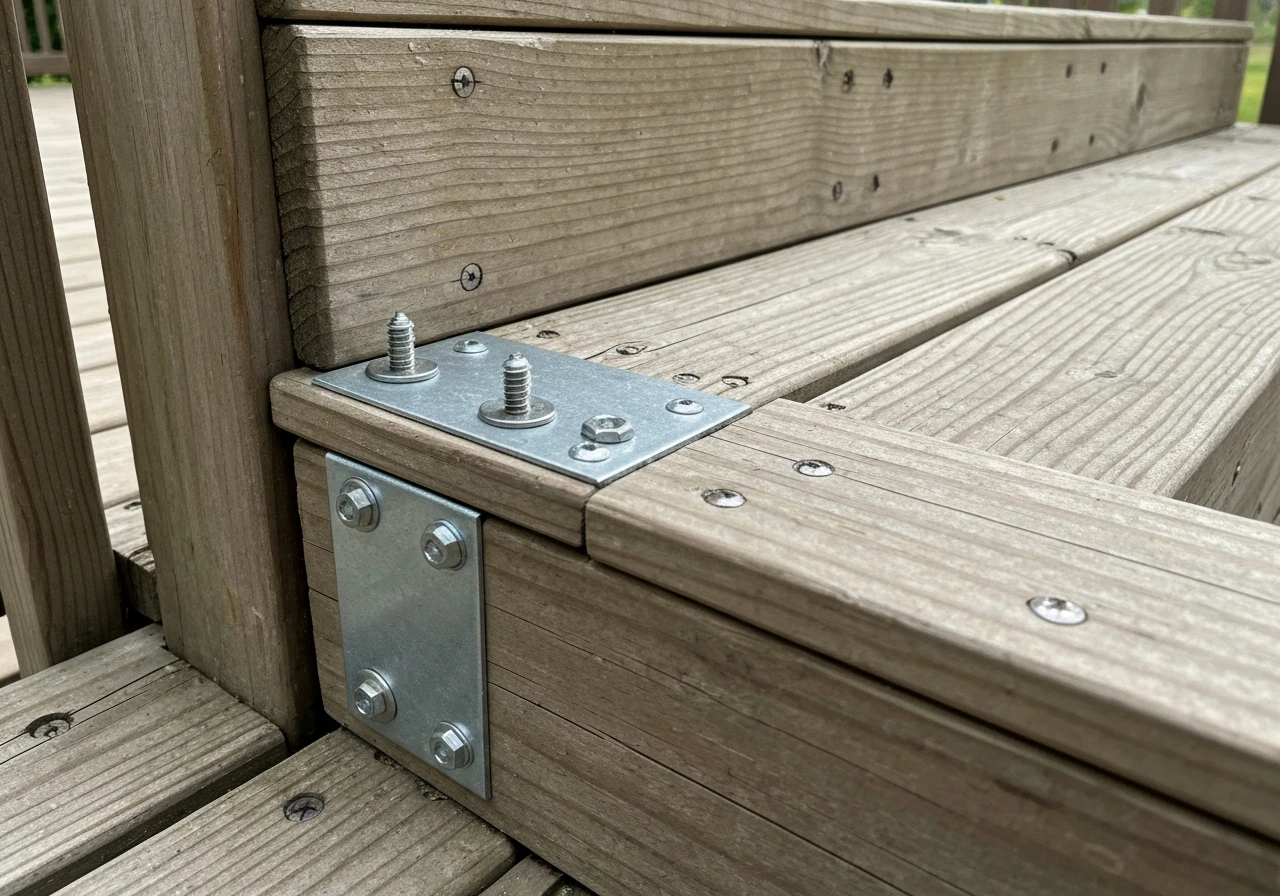 Close-up of hot-dipped galvanized screws securing an outdoor stair stringer to a tread