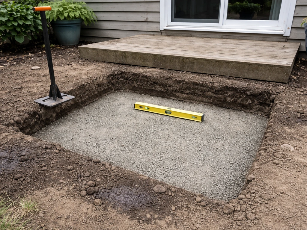 Excavated and compacted soil base with a leveled support layer for wood patio steps stringers.