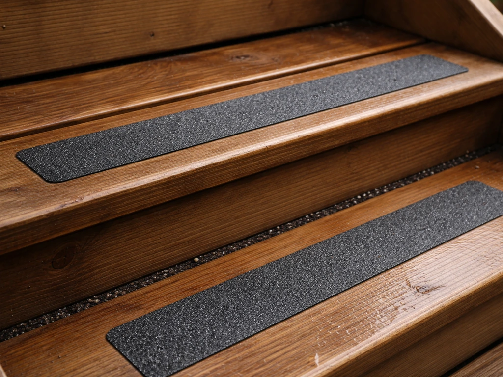 Close-up of wood patio steps with anti-slip strips and visible gaps for drainage