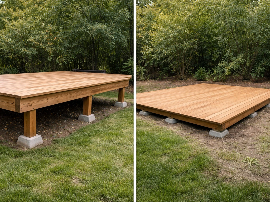 Split scene showing an elevated deck 18+ inches above grade and a near-ground patio deck on pads