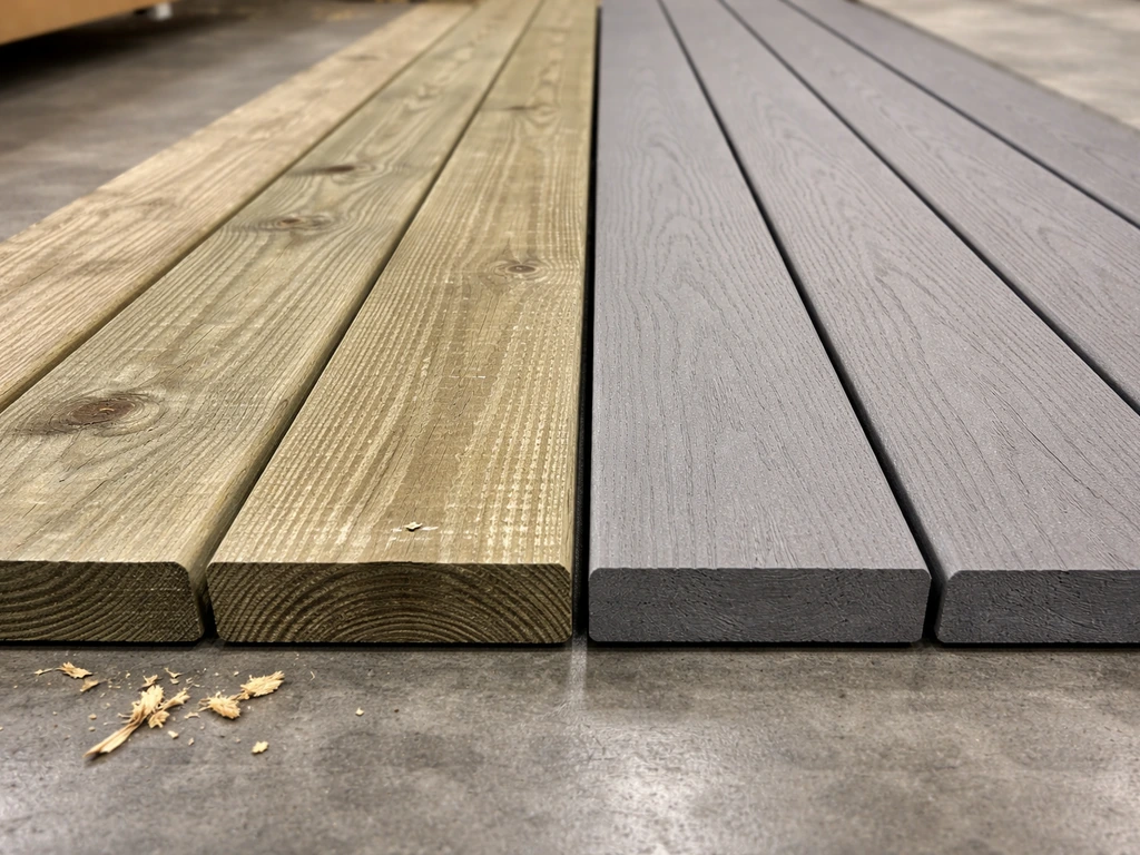 Close-up of pressure-treated wood and composite decking boards side by side, showing distinct textures.