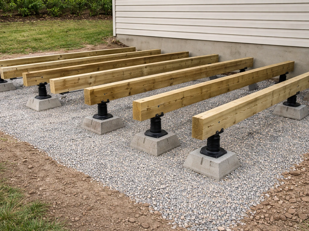 Near-grade deck framing supported by screw-jack pedestals or precast blocks on a gravel pad.