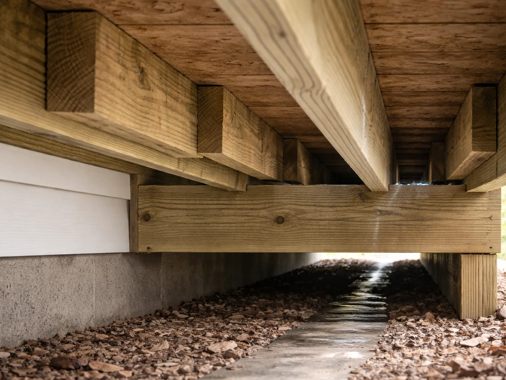 Close-up of an elevated deck underside showing spaced blocking air gaps and drainage slope away from the house.