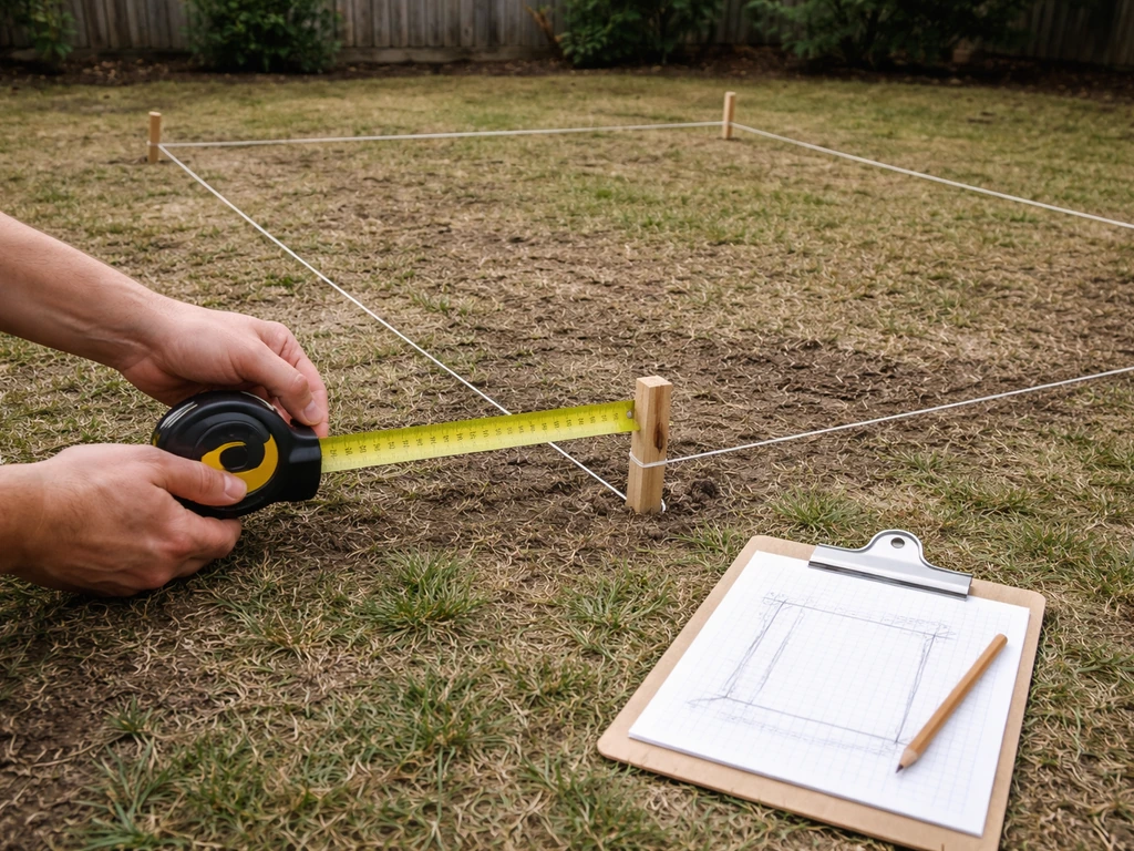 Hands measuring with a tape measure while stakes and string outline a rectangle on the patio area.