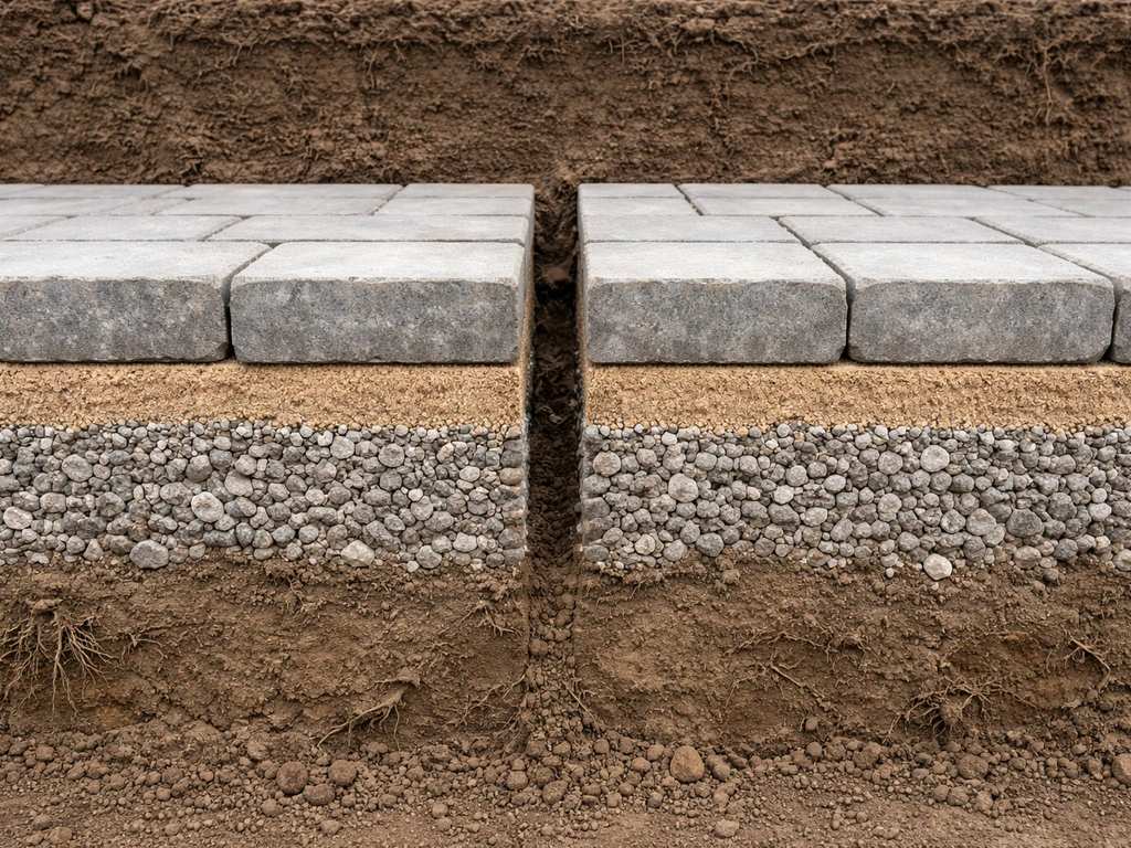 Minimal cross-section-style photo showing thicker gravel base under paver patio for freeze-thaw vs thinner for non-freez