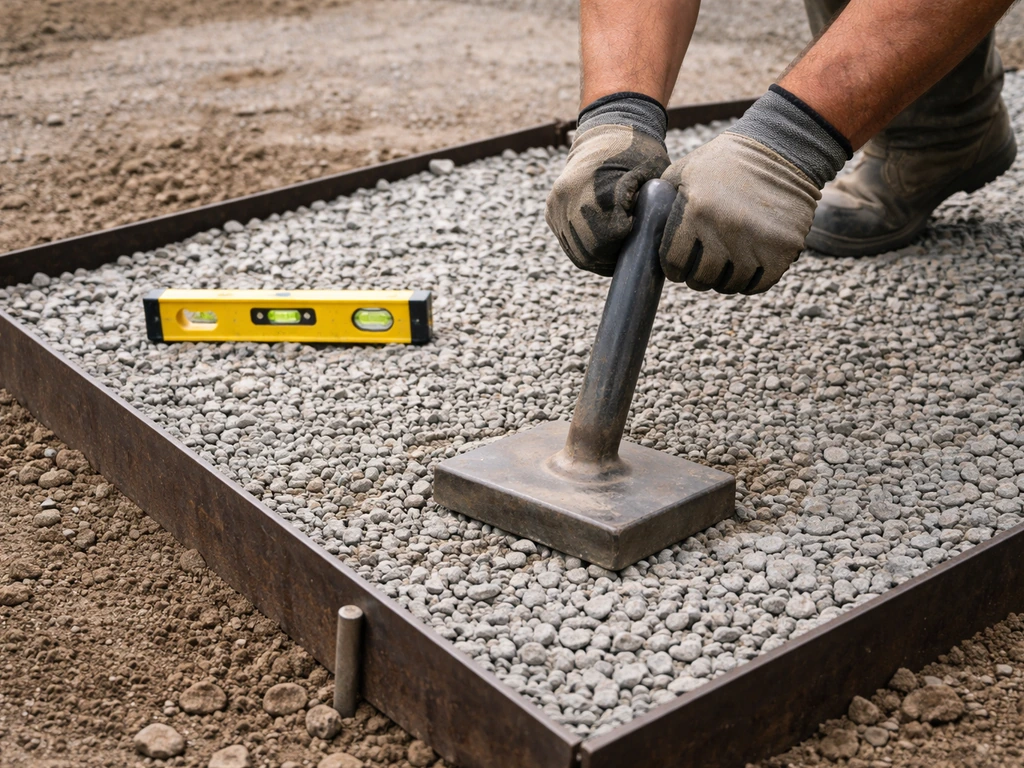 Crushed gravel spread in an edging-restrained area, compacted in a shallow lift with a level check