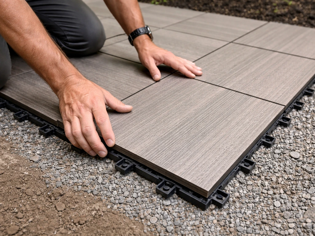 Composite deck tiles locked into a plastic grid over a compacted gravel base, joints aligned.