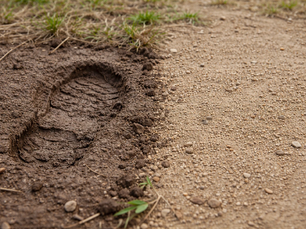 Close-up of spongy clay soil with damp footprint next to firm gravel-stabilized ground edge