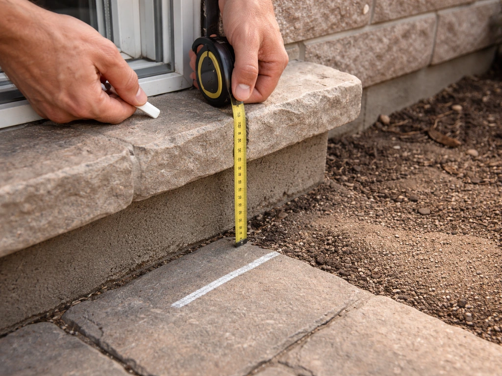 Hands measure the vertical rise with a tape measure and mark a layout line on a patio edge.