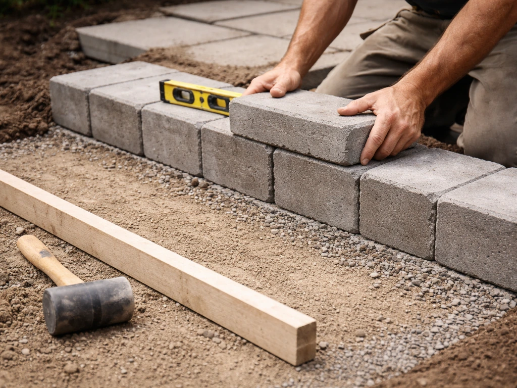 Builder installing the first course of concrete blocks for patio steps on a compacted base