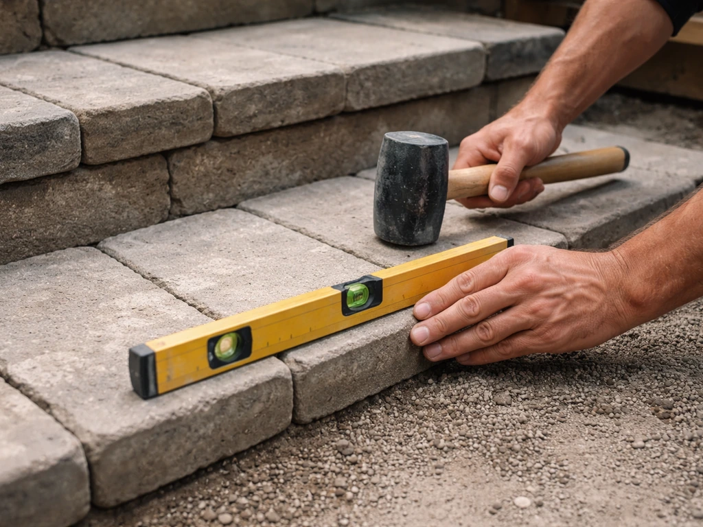 Hands placing dry-laid tread pavers, tapping with a rubber mallet and checking alignment with a level.