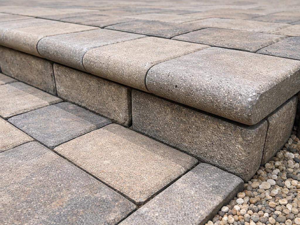 Close-up of patio steps with bullnose/coping top edge and tidy sealed joints for anti-trip safety.