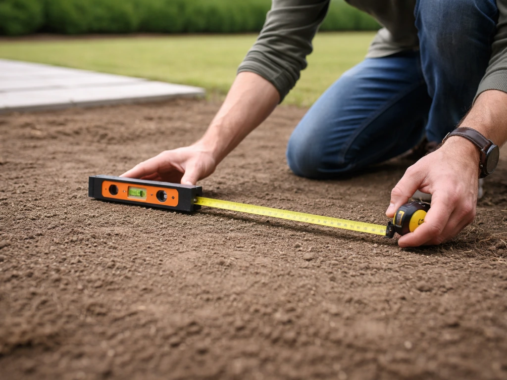 Kneeling in a raked yard, checking slope with a carpenter’s level and measuring tape near a patio walkway.