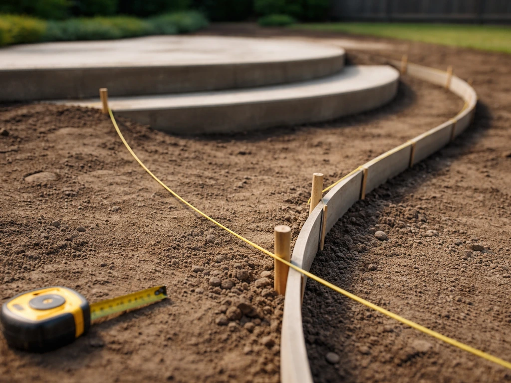 Curved patio step layout close-up with an arcing stringline guide and stakes on the ground.