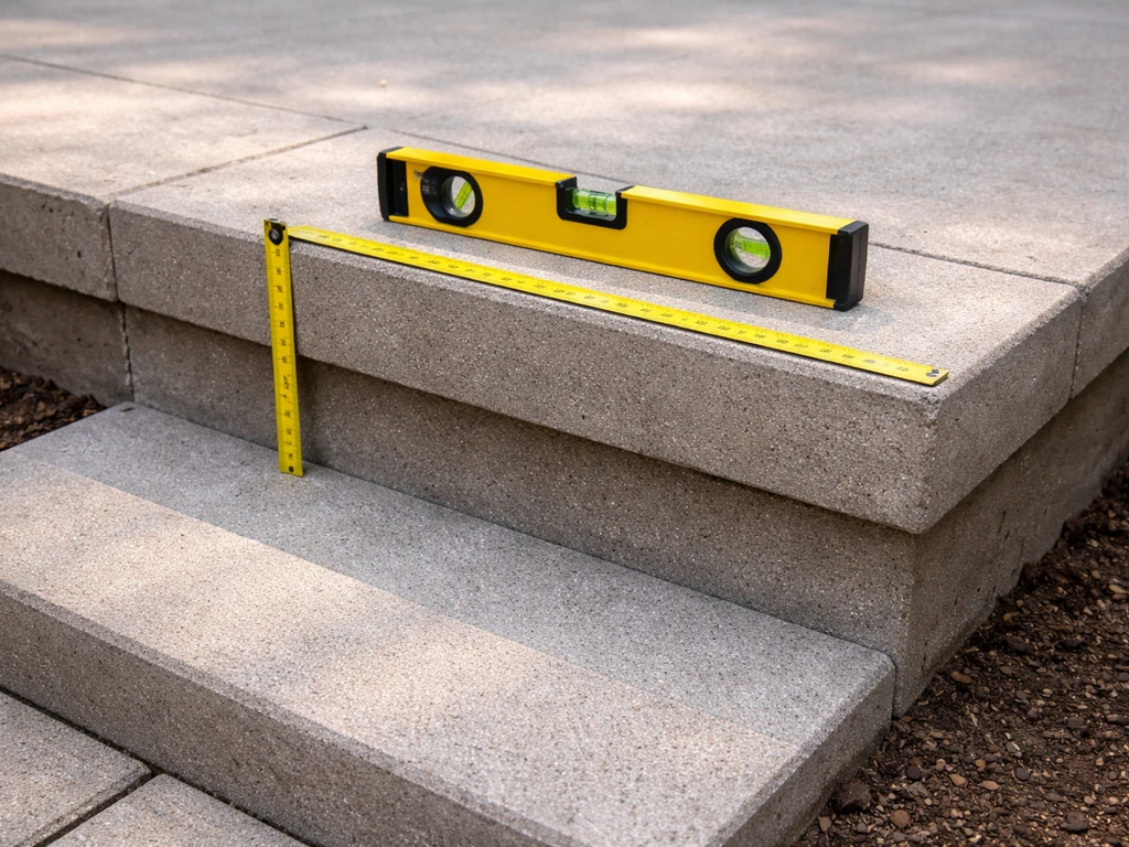 Minimal patio step mock-up with level and tape measure showing riser height and tread depth.