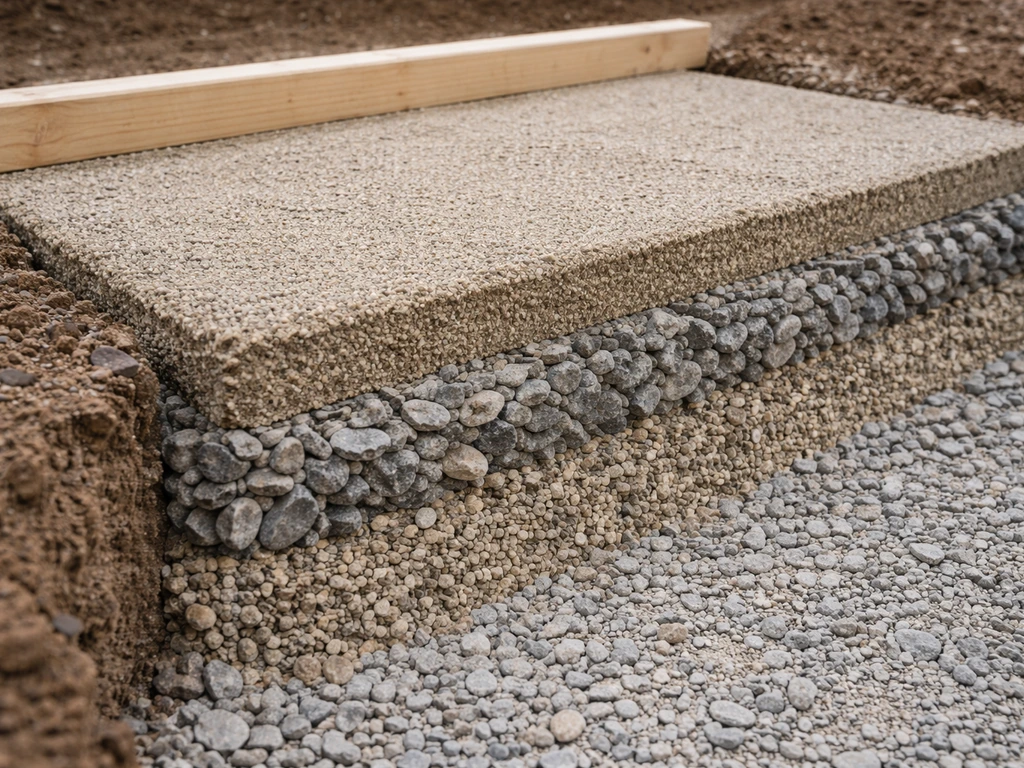 Close-up of a patio step base cross-section with layered gravel and compacted bedding for stable drainage.
