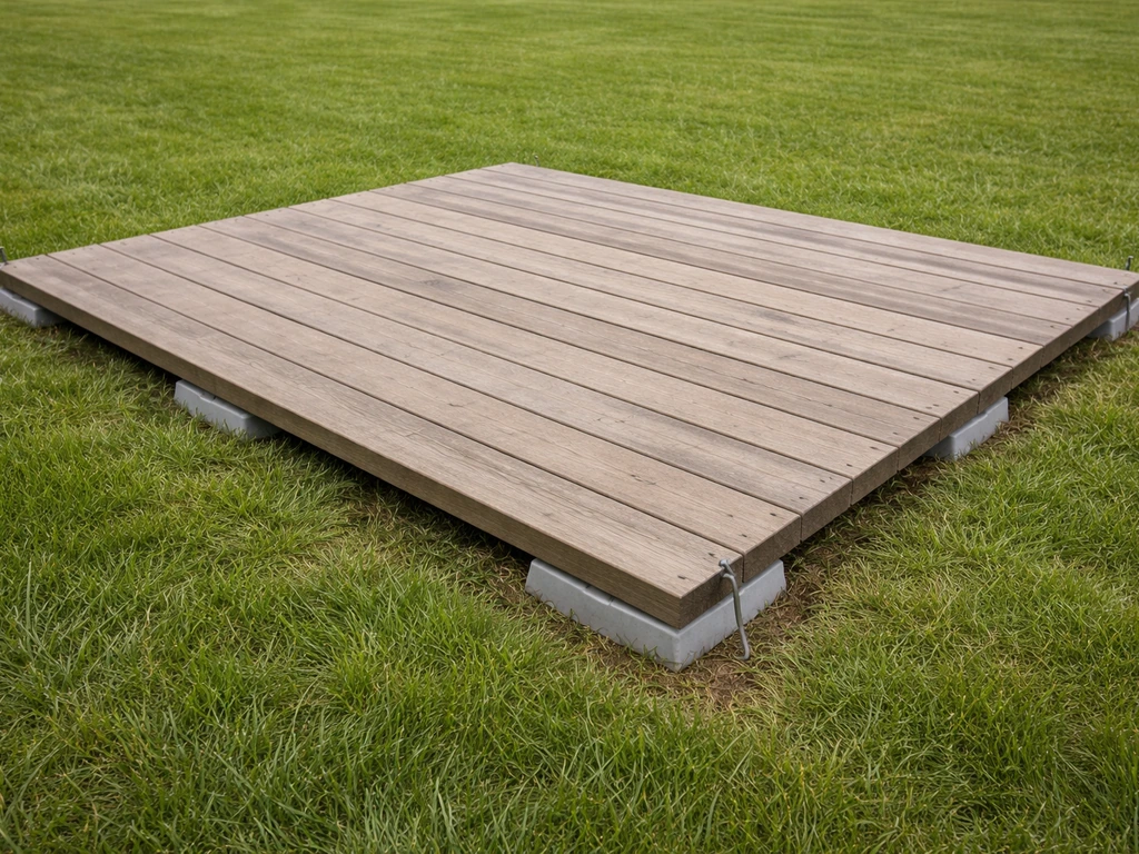 Temporary patio boards laid flat on grass, level and anchored, with lawn visible around the edges