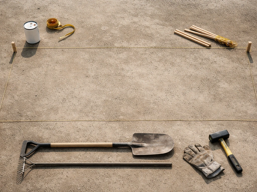 Overhead view of DIY patio tools laid out: measuring tape, stakes and string, rake, flat spade, gloves, mallet.