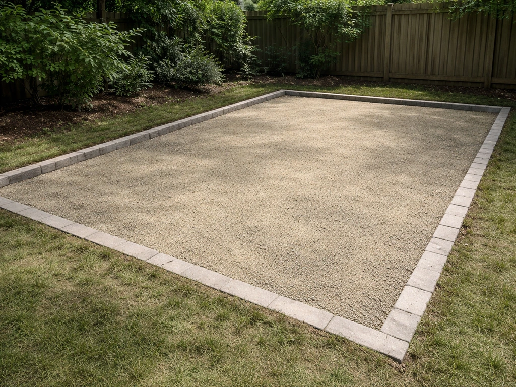 Leveled, compacted grass base inside a patio outline to prevent shifting or sinking