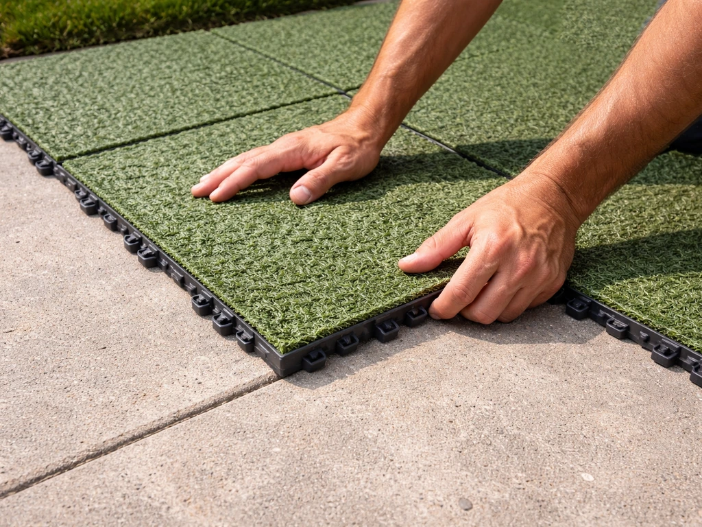 Hands snapping modular interlocking grass tiles together from a corner on a patio floor