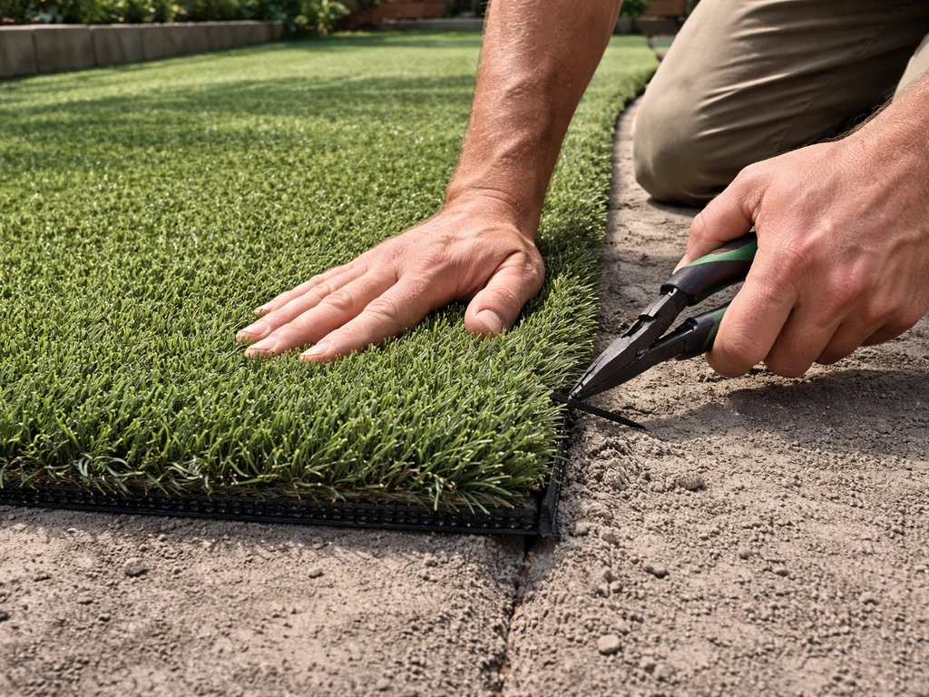 Hands laying grass mats flush with tight seams, zip-tying adjoining edges outdoors.