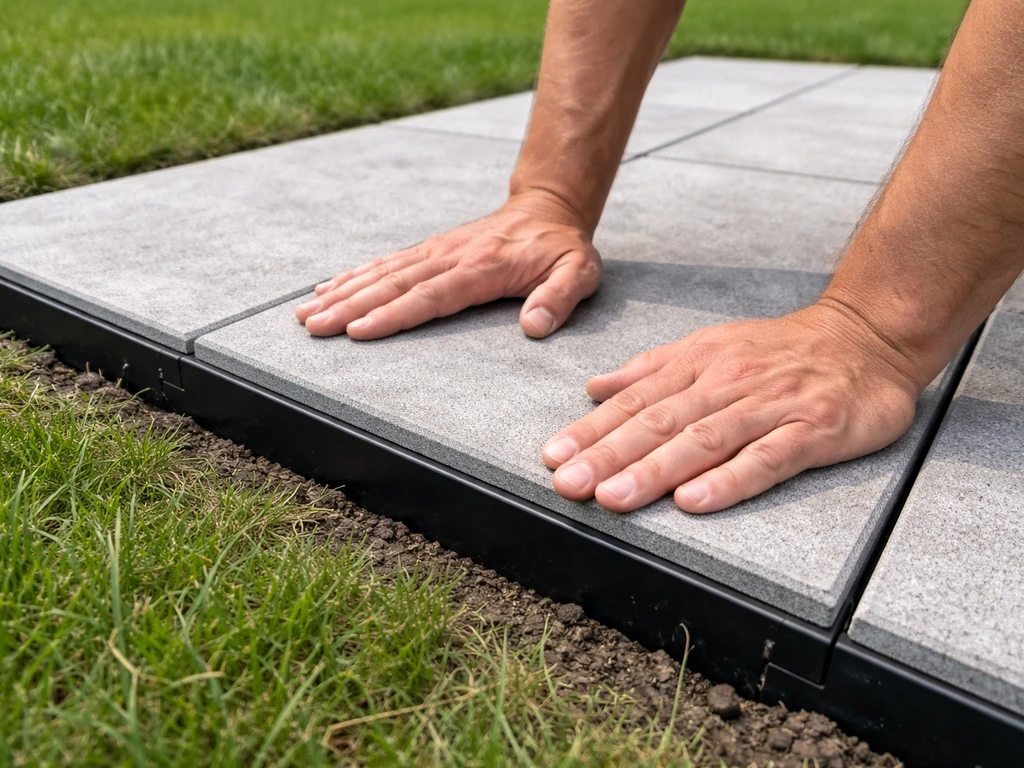 Hands press modular patio tiles with perimeter anchor strips in place over a grassy lawn.