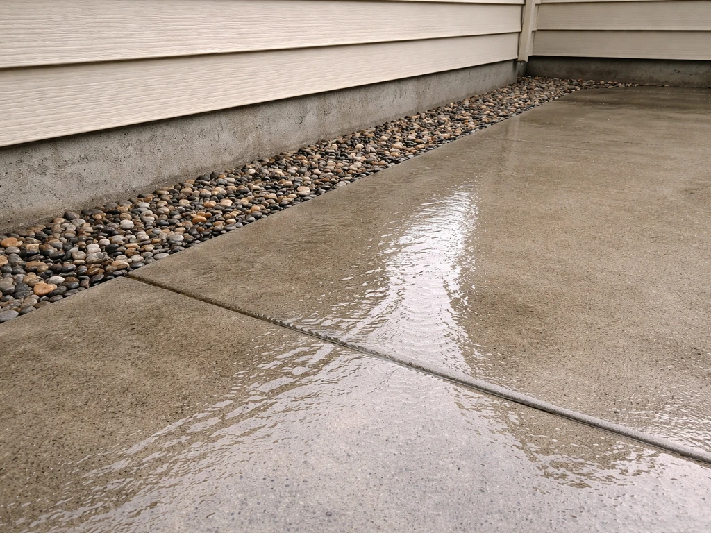 Rainwater runoff on a sloped patio draining away from the house foundation into gravel