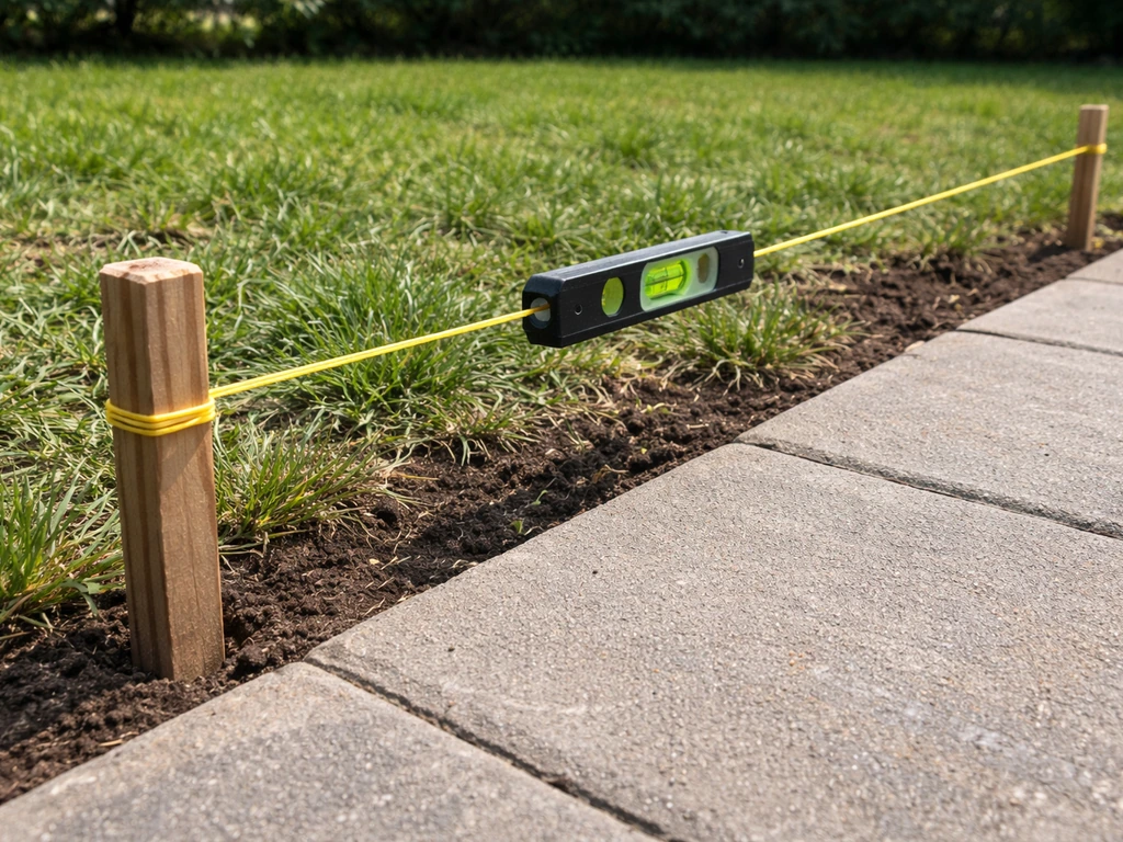 Two stakes with a taut string and a torpedo bubble level measuring patio slope