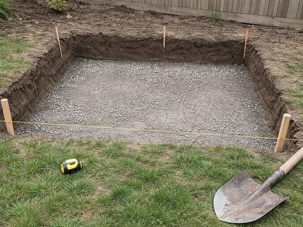 Minimal backyard excavation showing stripped subgrade, compacted gravel layers, and string line depth check.