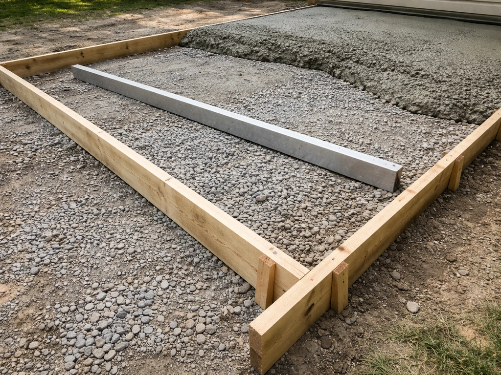 Close-up of concrete patio forms with two different height form boards showing slab slope pitch