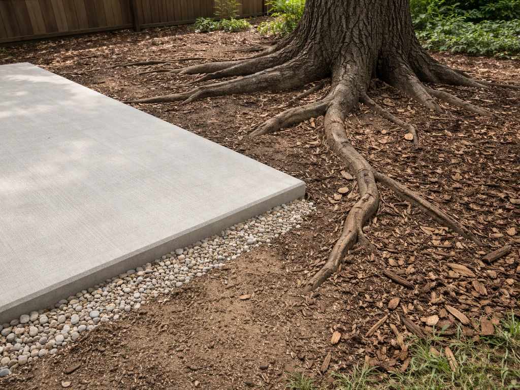 Finished backyard patio edge smoothly transitioning to a tree-root-friendly area with space for roots.