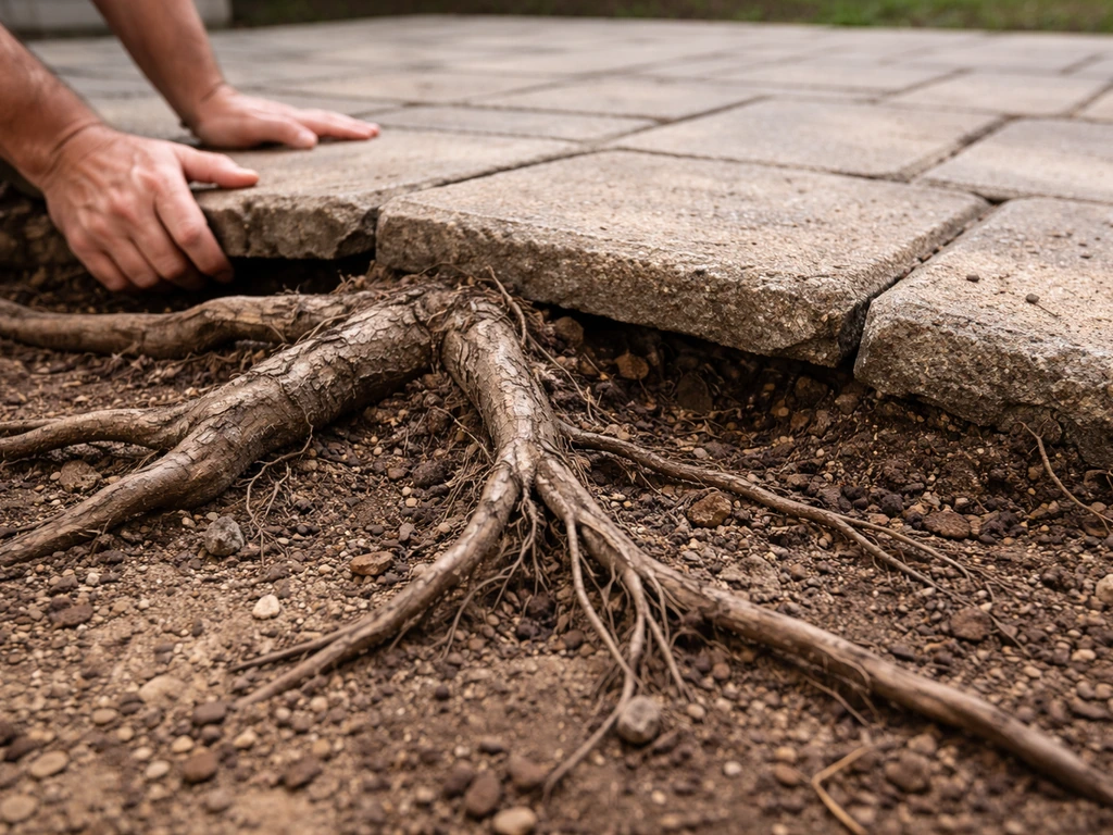 Close-up of exposed tree roots near patio pavers with soil heaving as a surface root clue.