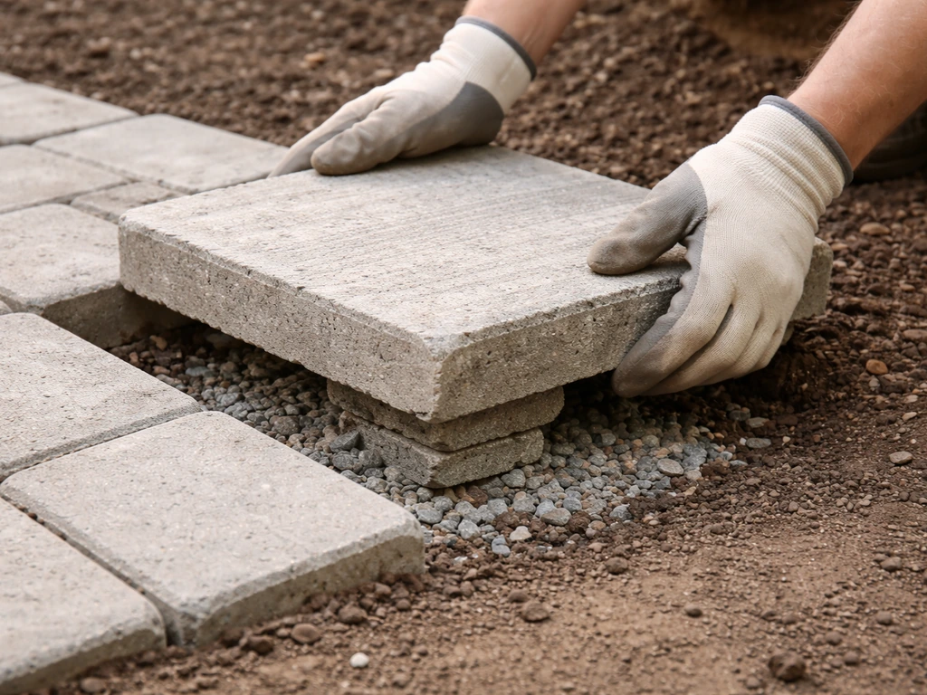 Gloved hands adjusting a lifted patio paver on small gravel supports over a protected root-zone soil area.