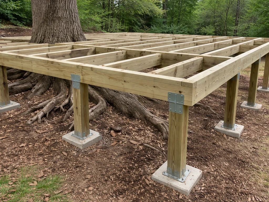 Elevated deck frame posts and beams installed around visible tree roots in a quiet yard.
