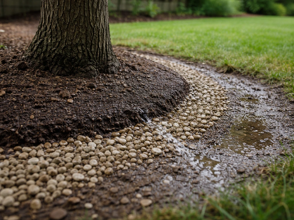 Close view of a backyard tree base with a slight slope, gravel drainage layer, and water flowing away.