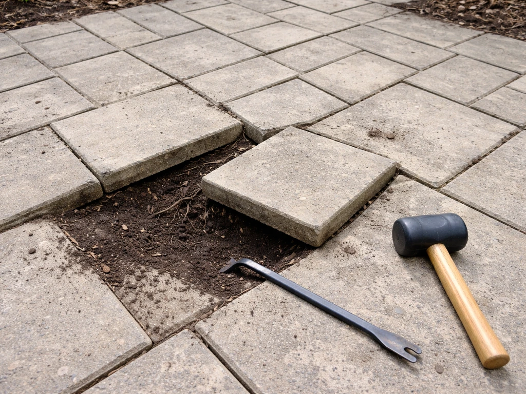 Patio pavers tilted from root movement with a pry bar and rubber mallet ready to reset them.