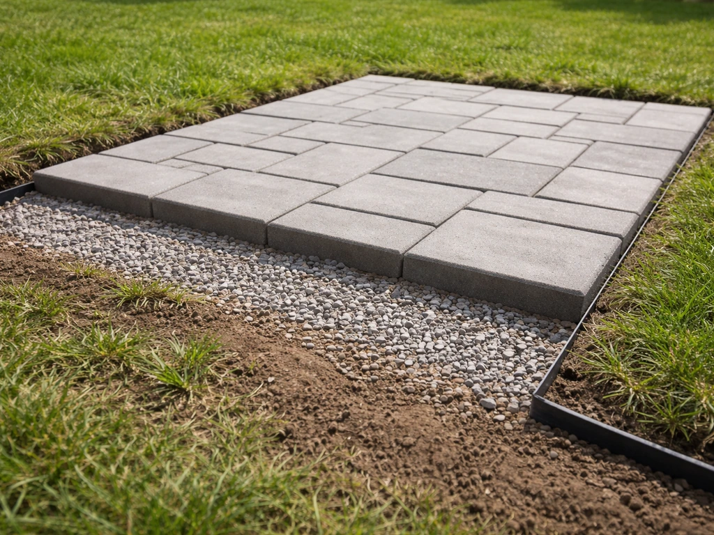 Side view of a newly built gravel patio on grass with edging and a clear drainage slope