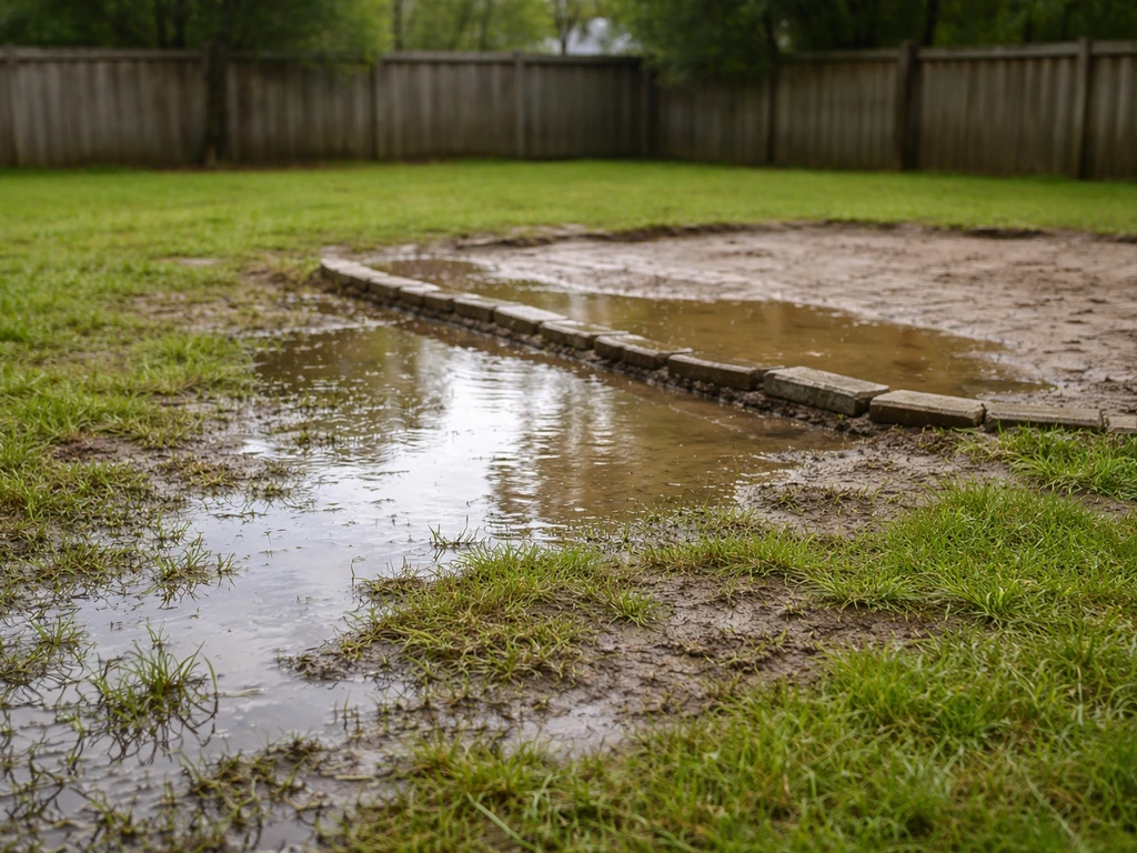Backyard grass with uneven ground and shallow standing water, showing poor drainage for a patio over grass.