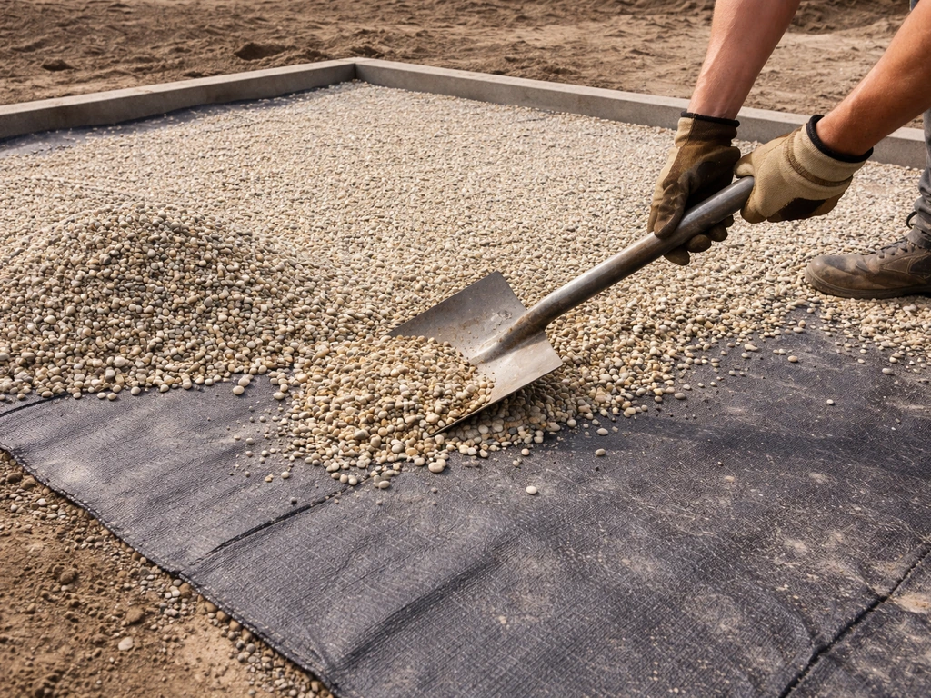Hands using a shovel to spread pea gravel over a weed barrier on a prepared patio base