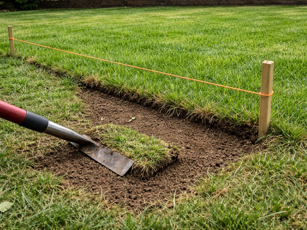 String line between stakes over scraped bare soil on a backyard lawn for patio prep