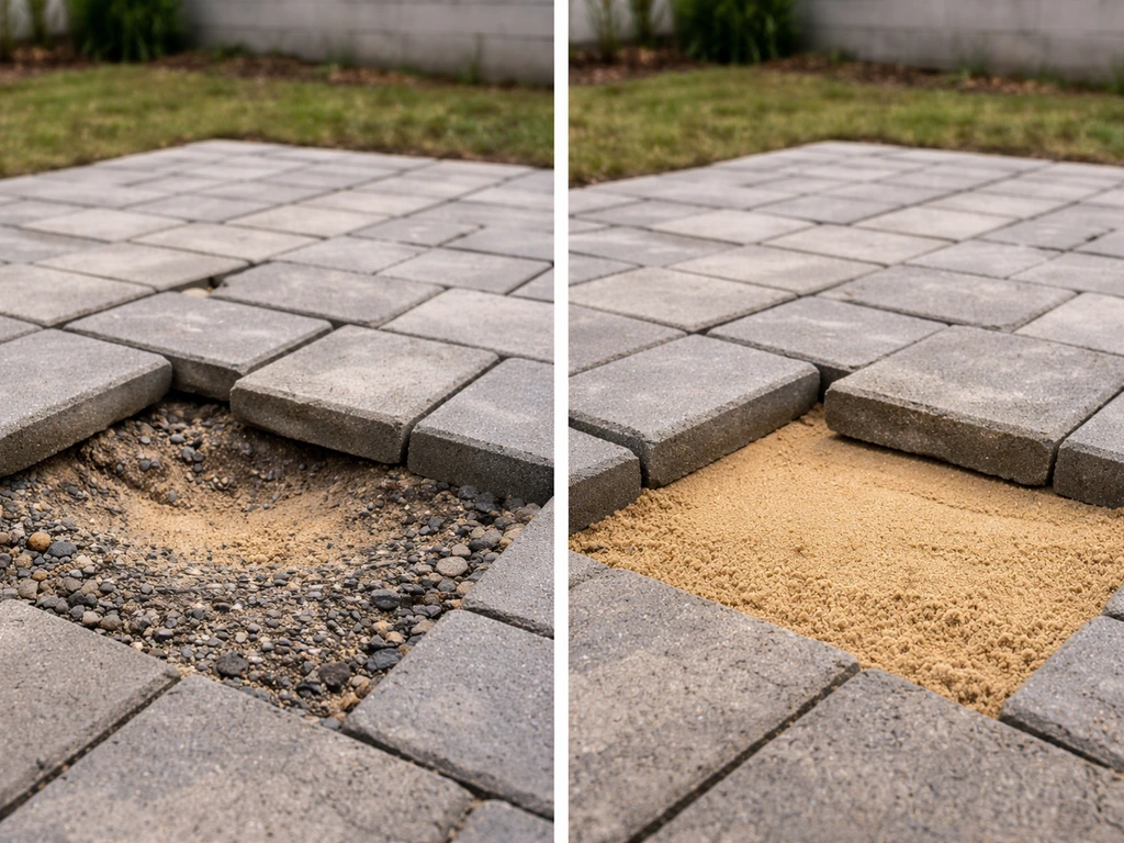 Lifted uneven pavers reveal thin, loose bedding and under-compacted base, with a re-leveled section beside it.