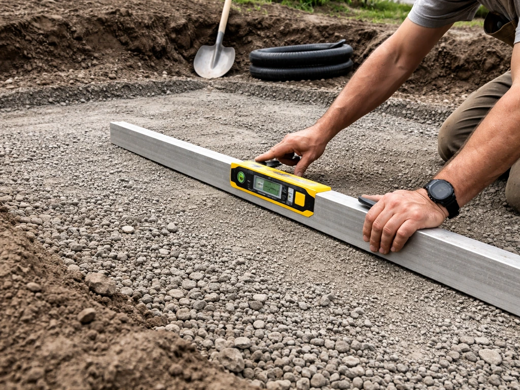 Hands measuring slope in an excavated patio footprint with compacted base and tools ready for drainage.
