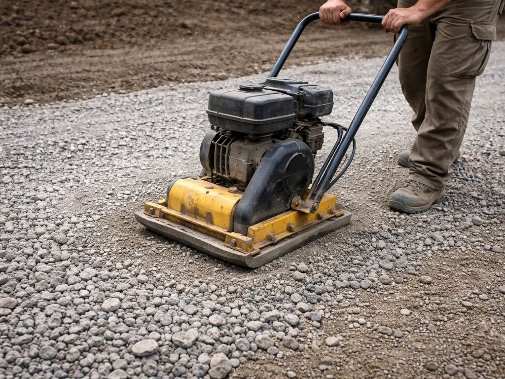 Crushed stone layer being compacted by a plate compactor, showing a leveled gravel base