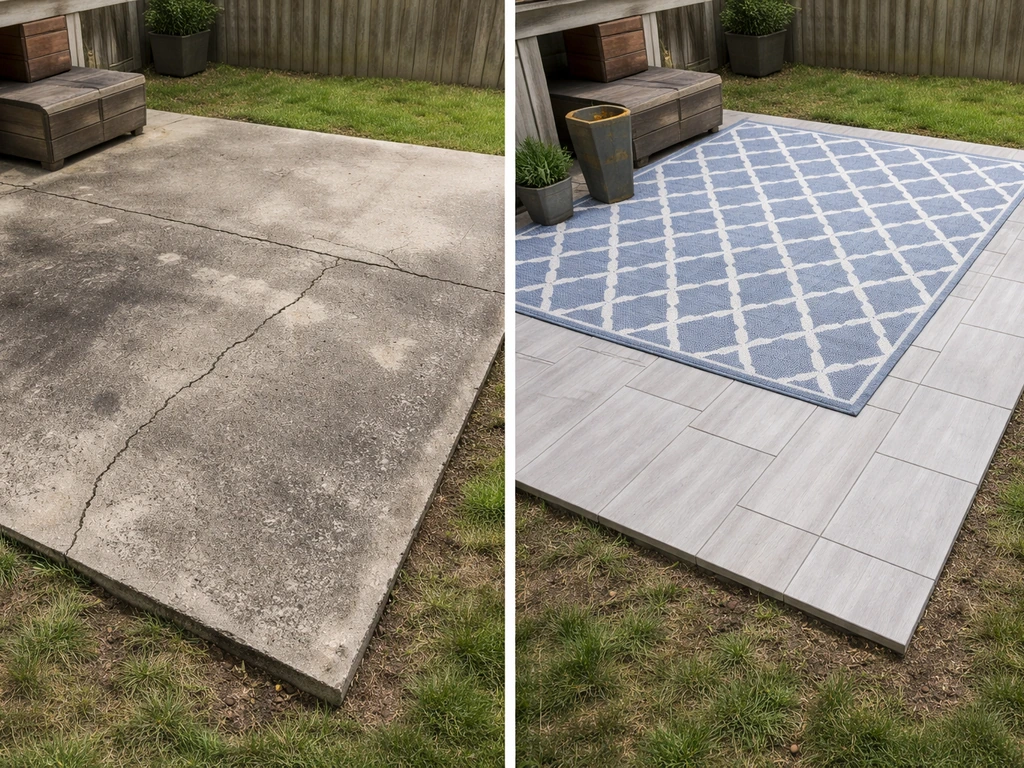 Wide view of a concrete patio transformed with outdoor tiles and a rug covering stains and cracks.