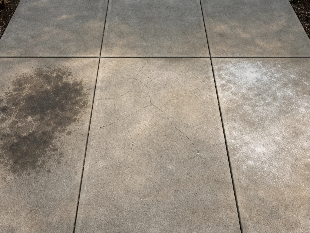 Concrete patio slab with three side-by-side problem areas: oil stain, cracks, and white efflorescence.