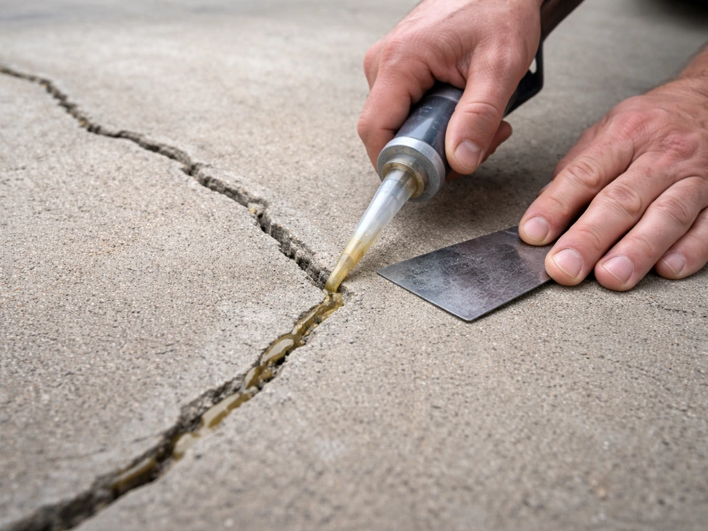 Close-up of hands applying epoxy into a concrete crack using a small caulking gun and patch tool.
