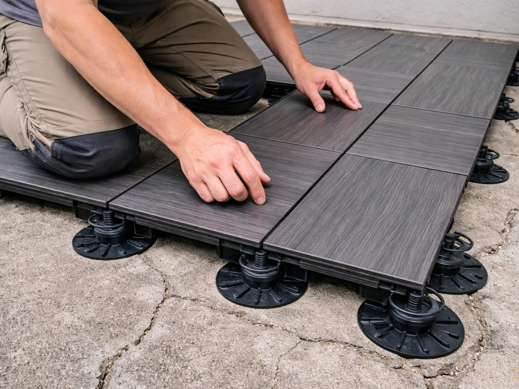 Worker installing interlocking outdoor deck tiles on an uneven patio using leveling pedestals.