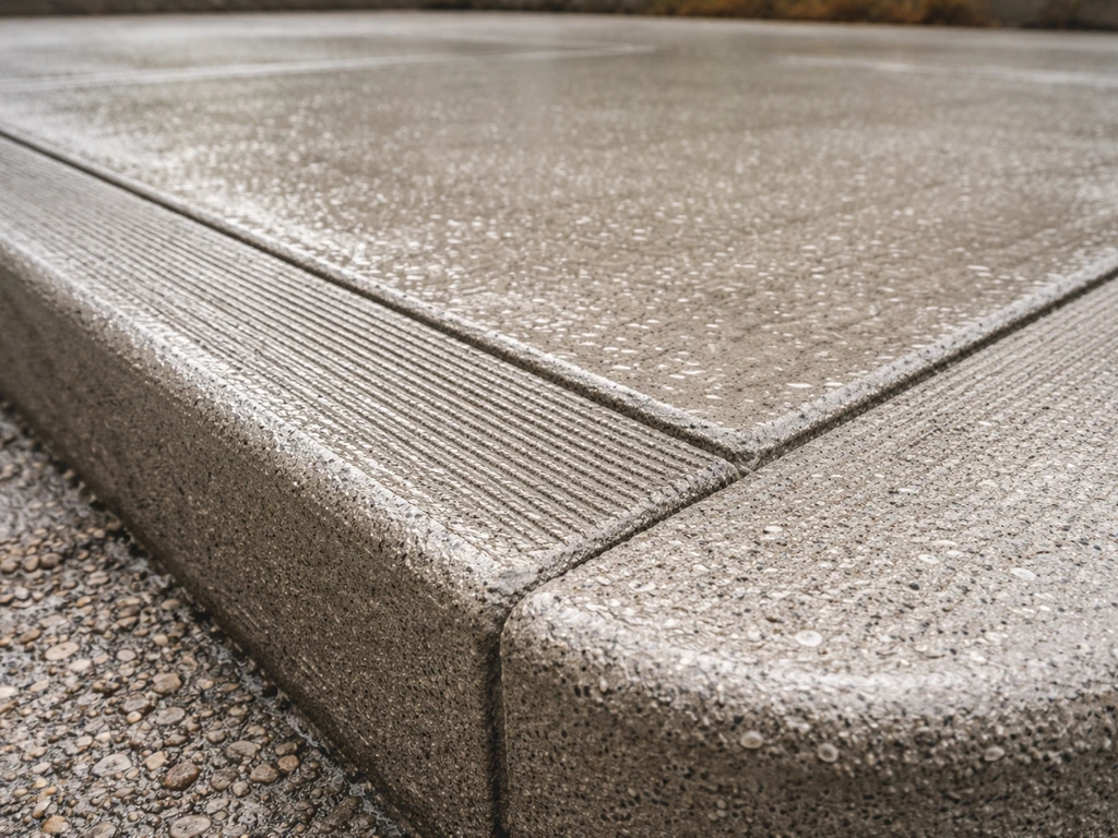 Close-up of resurfaced concrete edge with broom-finished texture outdoors for slip resistance.