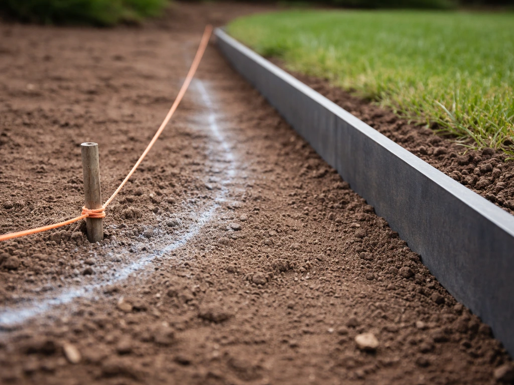 Close-up of a taut string line and chalk marking a garden bed edge before installing metal edging.