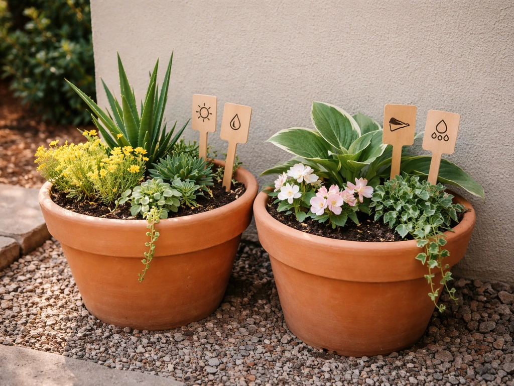 Two tidy patio pots grouped by light needs, showing healthy plants and labeled condition markers